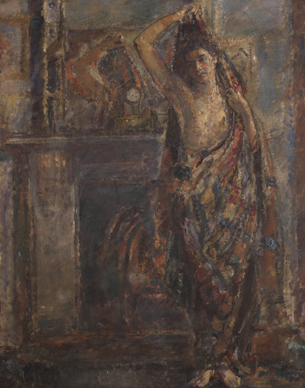 Draped nainen seisomassa vaippareunuksen vieressä (verso), 1938 (öljy kankaalle) tekijältä Dame Ethel Walker