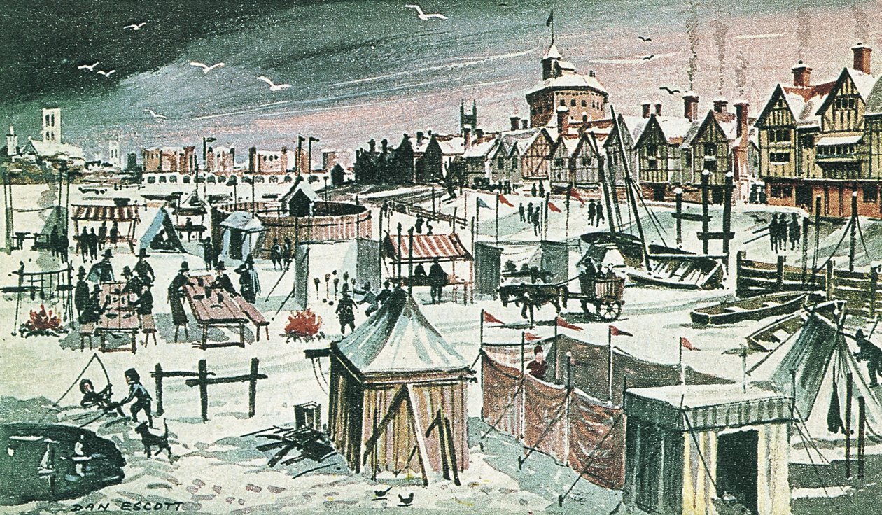 Pakkasmessut Thames-joella (värilitografia) tekijältä Dan Escott