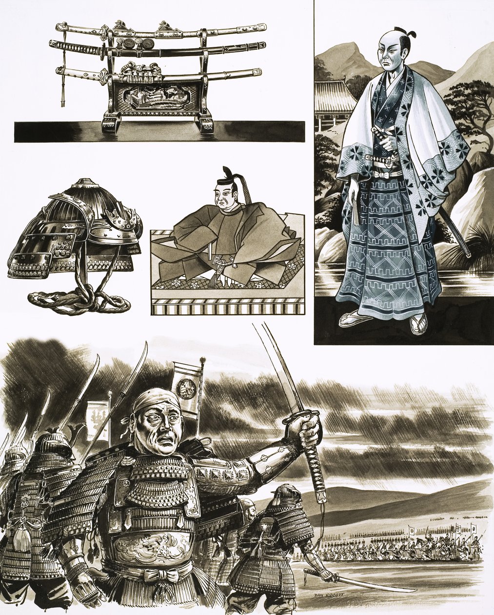 Samurain ammatti on ryöstö ja väkivalta (guassi paperille) tekijältä Dan Escott