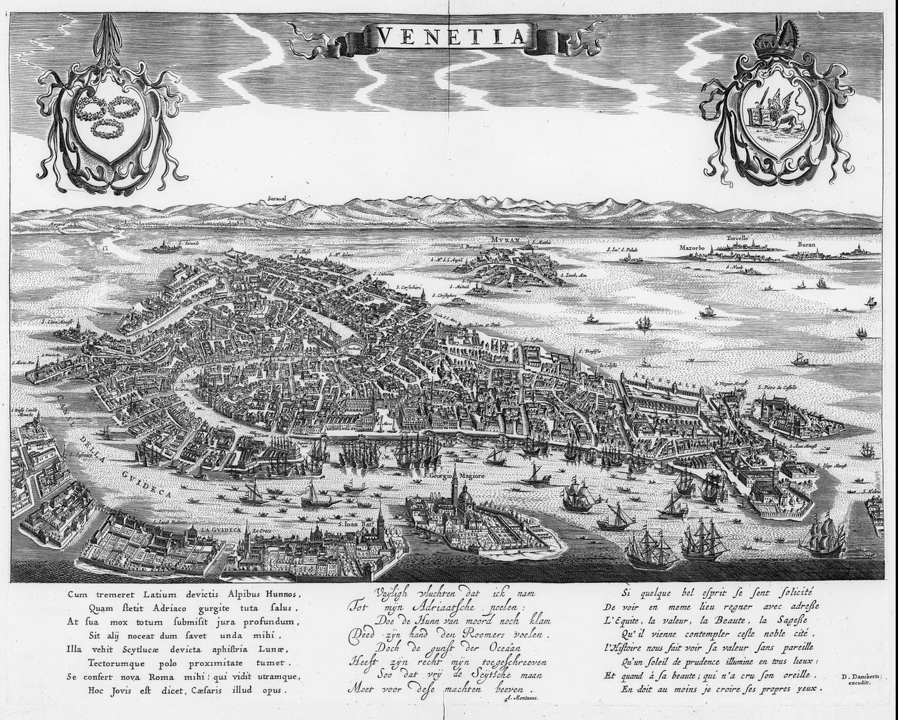 Plan de Venise avec trois textes in latin, néerlandais et français tekijältä Dancker Danckerts