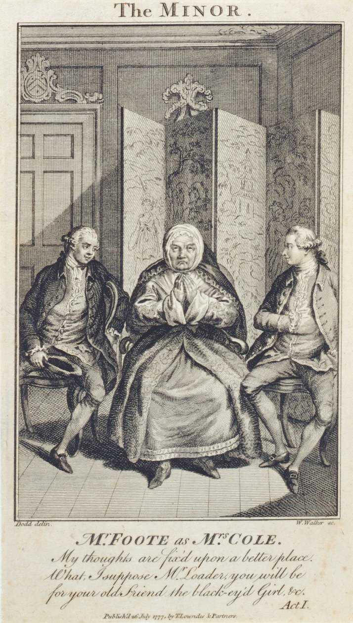Mr Foote rouva Colena teoksessa The Minor, kaivertanut W. Walker, 1777 tekijältä Daniel Dodd