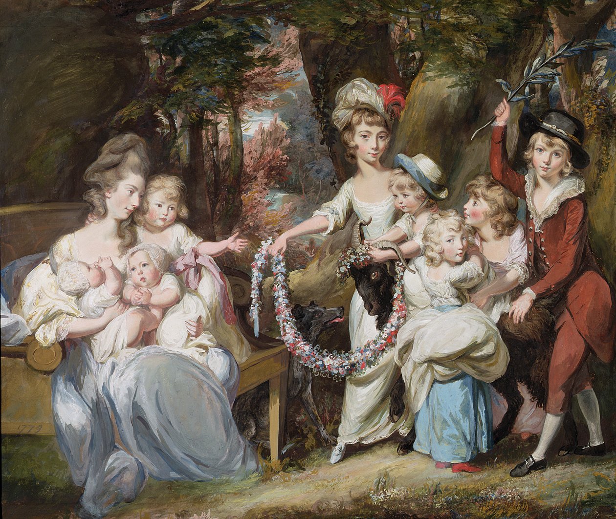 Rouva Justinian Casamajor ja hänen kahdeksan lastaan, 1779 (guassi, pastelli ja öljy levitetylle paperille asetettuna pellavalle) tekijältä Daniel Gardner