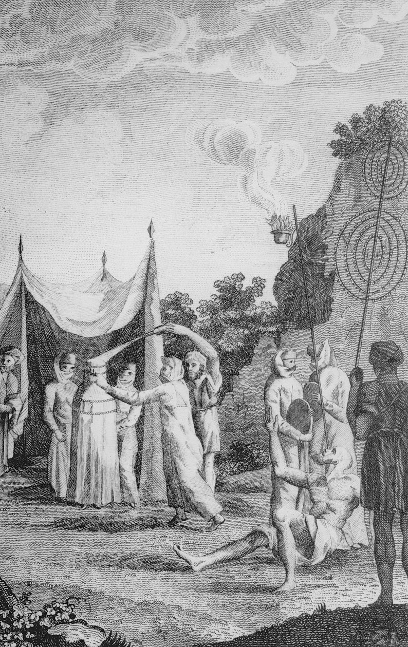 Kulkue egyptiläisissä häissä, Niebuhrin teoksesta "Matkoja Arabian ja muiden maiden halki", englanninkielinen versio julkaistu n. 1792 tekijältä Daniel Lizars