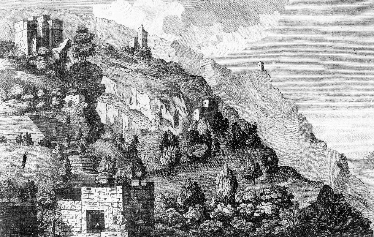 Prospekti Jemenin Coffee Mountains -vuorilla, Carsten Niebuhrin "Travels through Arabia" -kappaleesta, n. 1792 tekijältä Daniel Lizars