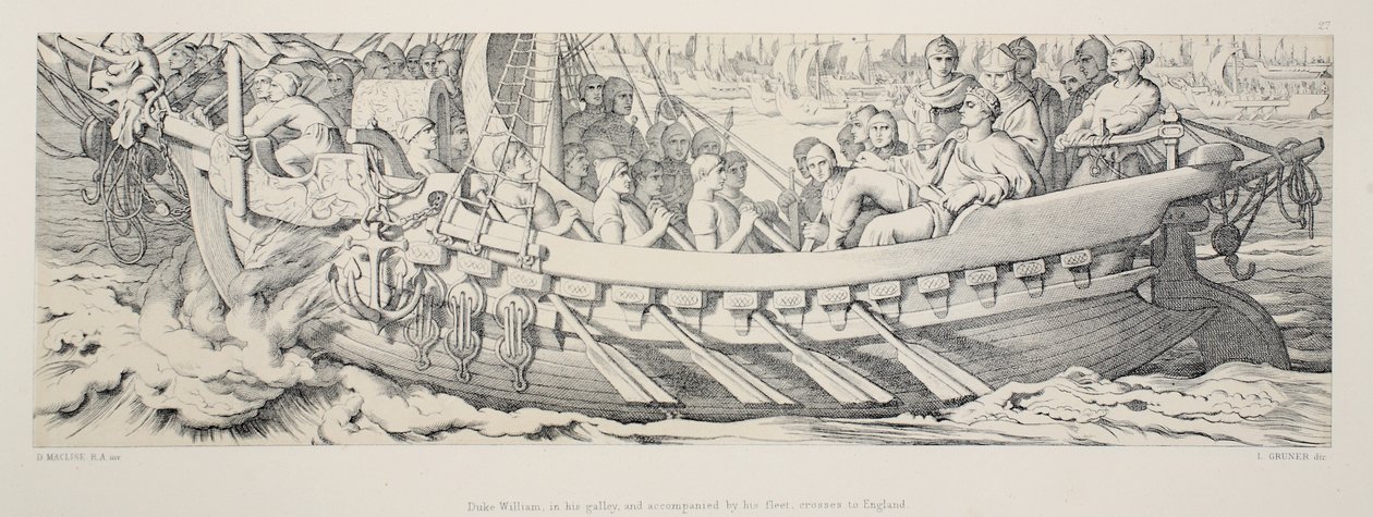 Herttua William, keittiössään ja laivastonsa mukana, ylittää Englantiin, L. Grunerin kaivertamasta The Story of the Norman Conquest -kirjasta, 1866 tekijältä Daniel Maclise