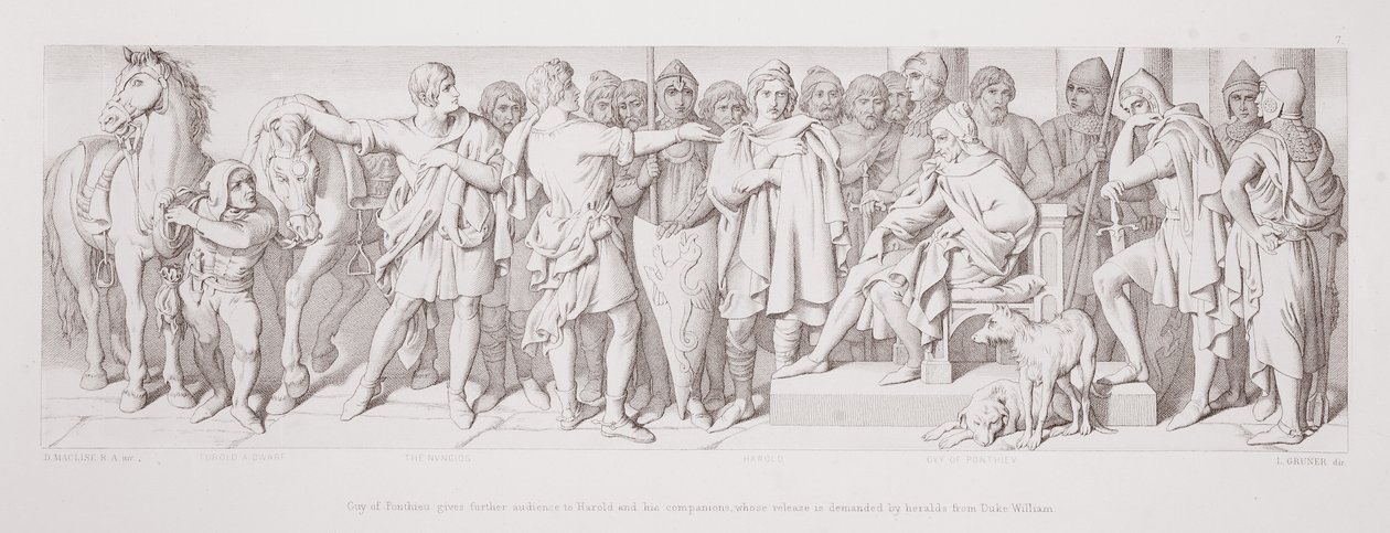 Guy of Ponthieu antaa lisäkuuntelua Haroldille ja hänen kumppaneilleen, joiden vapauttamista vaativat hererts Williamin saarnaajat kirjasta "The Story of the Norman Conquest", kaiverrus L. Gruner, 1866 (litho) tekijältä Daniel Maclise