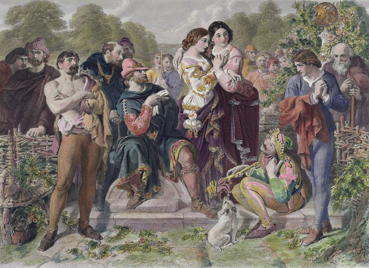 Orlando ja painija, William Shakespearen "As You Like It", kaiverrettu Charles W. Sharpe tekijältä Daniel Maclise