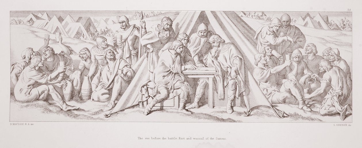 Aatto ennen saksien taistelua, mellakkaa ja purjehdusta "Normannien valloituksen tarinasta", kaivertanut L. Gruner, 1866 tekijältä Daniel Maclise