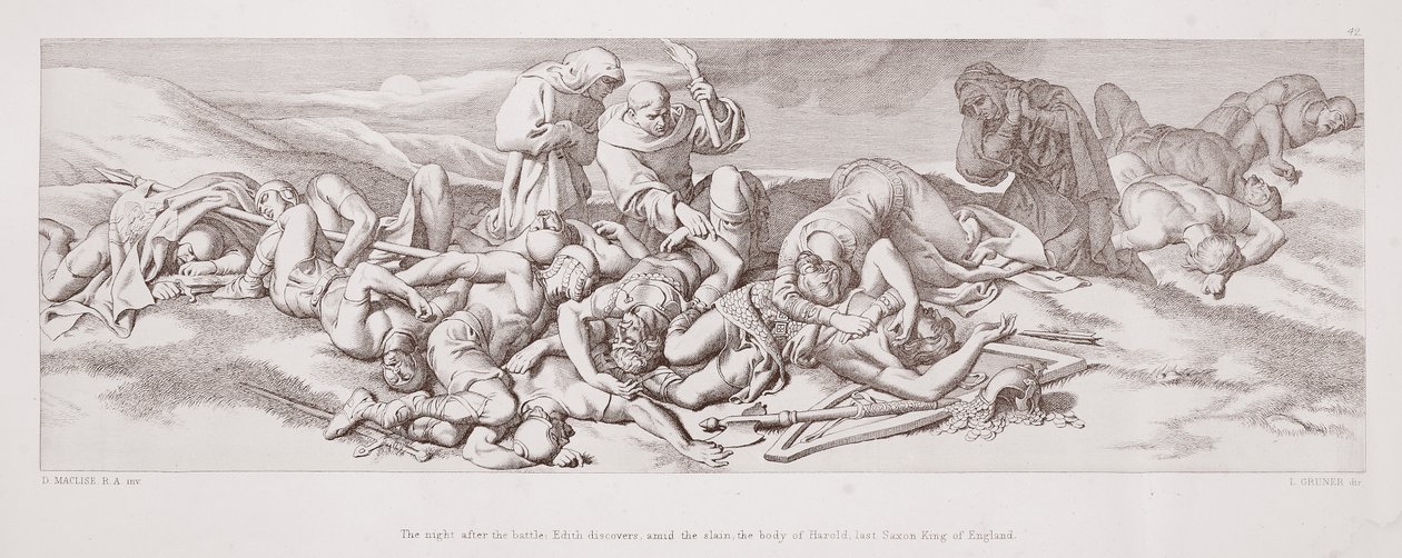 Taistelun jälkeisenä iltana Edith löytää surmattujen keskeltä Haroldin, Englannin viimeisen saksikuninkaan ruumiin teoksesta The Story of the Norman Conquest, kaiverruksen L. Gruner, 1866 tekijältä Daniel Maclise
