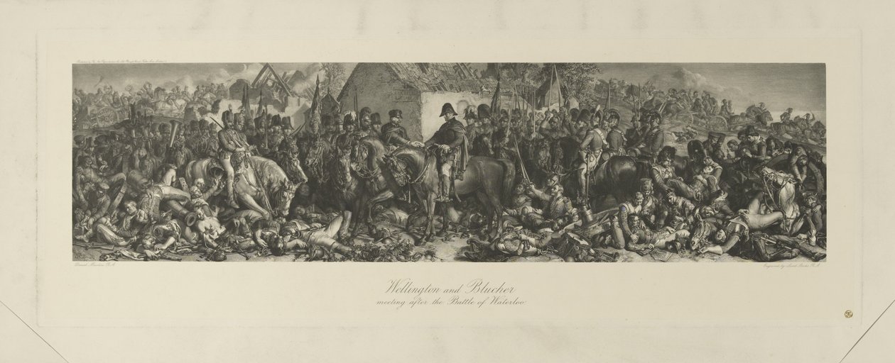 Wellingtonin ja Blücherin tapaaminen Waterloon taistelun jälkeen, 1815, Lumb Stocksin (1812-92) kaiverrus. tekijältä Daniel Maclise