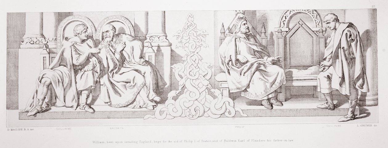 Vilhelm, joka aikoo hyökätä Englantiin, pyytää Ranskan Filip I:n ja appensa Baldwinin, Flanderin jaarlin, apua, kuvasta "The Story of the Norman Conquest", kaiverrettu L. Gruner, 1866 ( tekijältä Daniel Maclise