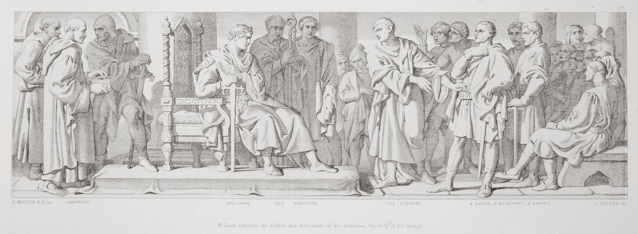 William kysyy herttuakuntansa aatelisia ja kauppiaita saadakseen apua suunnittelussaan, L. Grunerin kaivertamasta The Story of the Norman Conquest -kirjasta, 1866 tekijältä Daniel Maclise