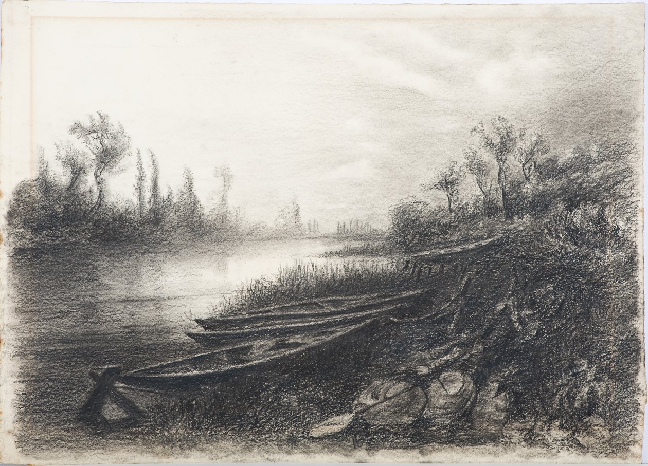River Scene with Boats, n. 1916 (hiili paperilla) tekijältä Daniel Oliver