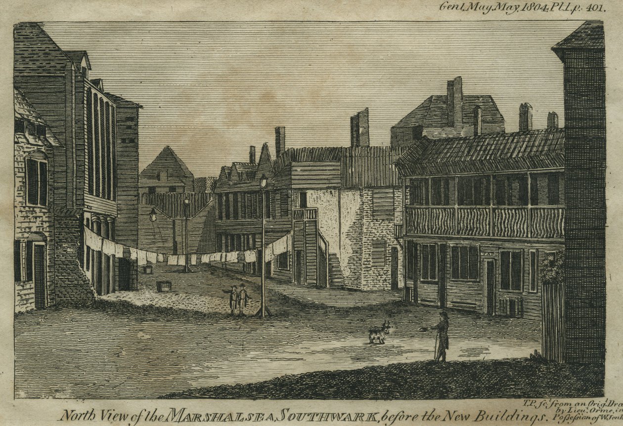 Pohjoisnäkymä Marshalseasta, Southwarkista, ennen uusia rakennuksia, kaiverrus T.P., n. 1804 tekijältä Daniel Orme