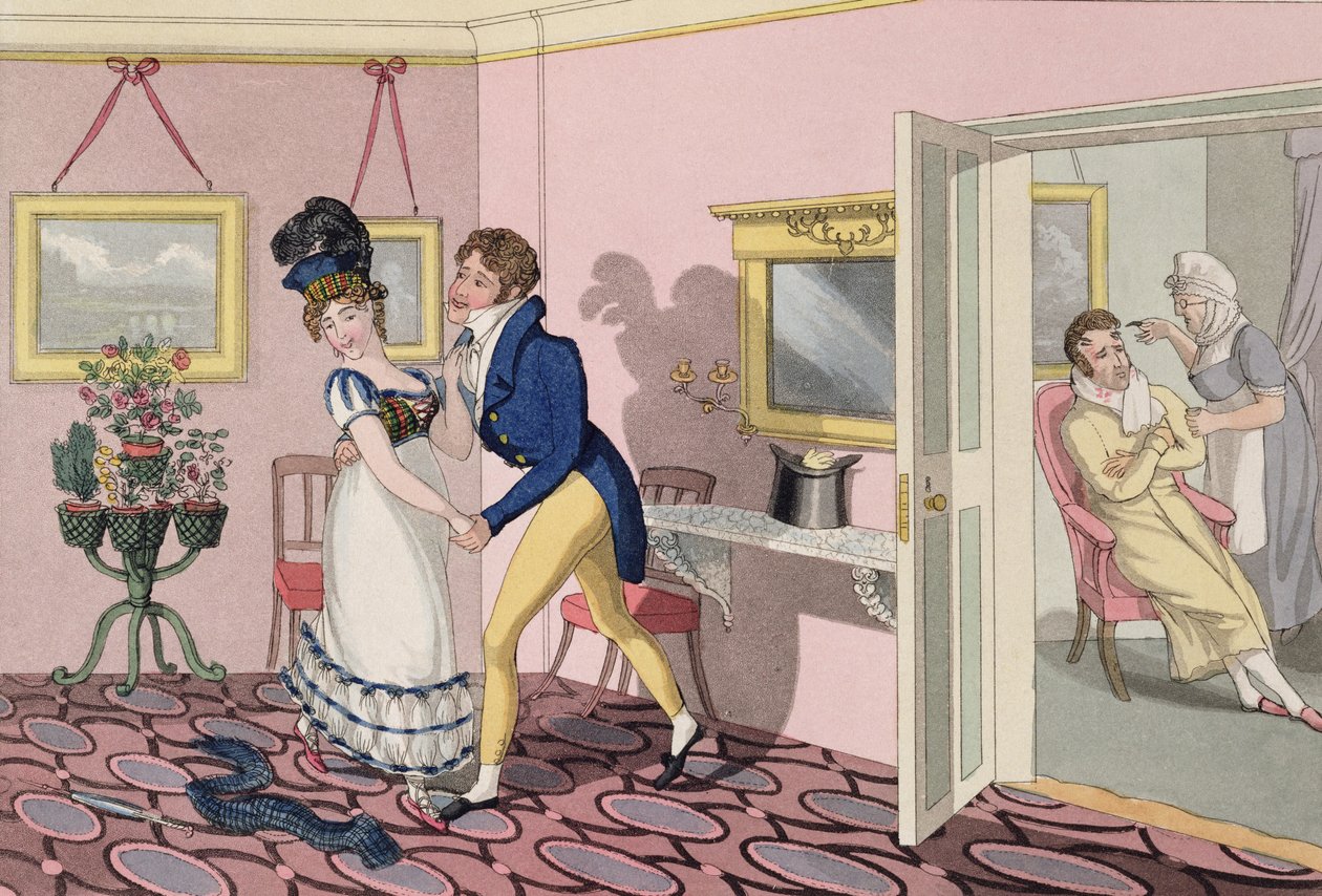 Juonittelu, levy 10 teoksesta "The Necessary Qualifications of a Man of Fashion", julkaistu 1823 (käsin väritetty akvatintta). tekijältä Daniel Thomas Egerton