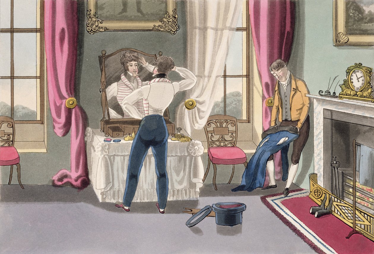 Huolimattomuus, levy 1 teoksesta "The Necessary Qualifications of a Man of Fashion", julkaistu 1823 (käsin väritetty akvatintta). tekijältä Daniel Thomas Egerton