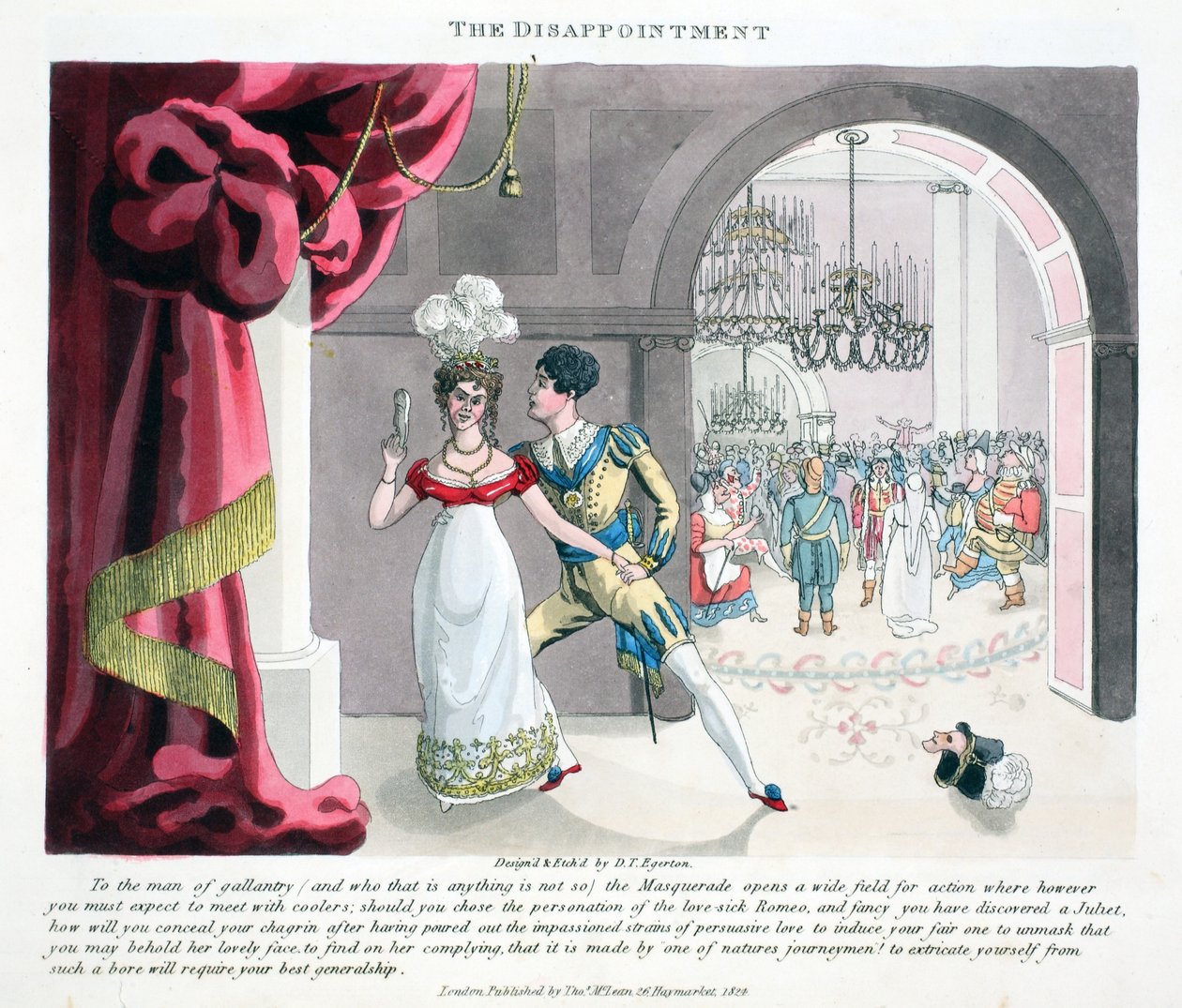 The Disappointment, kuvitus Peter Quizin "Fashionable Bores or Coolers in High Life" -julkaisusta, pubi. Thomas McLean, Lontoo 1824 (käsinvärinen kaiverrus) tekijältä Daniel Thomas Egerton