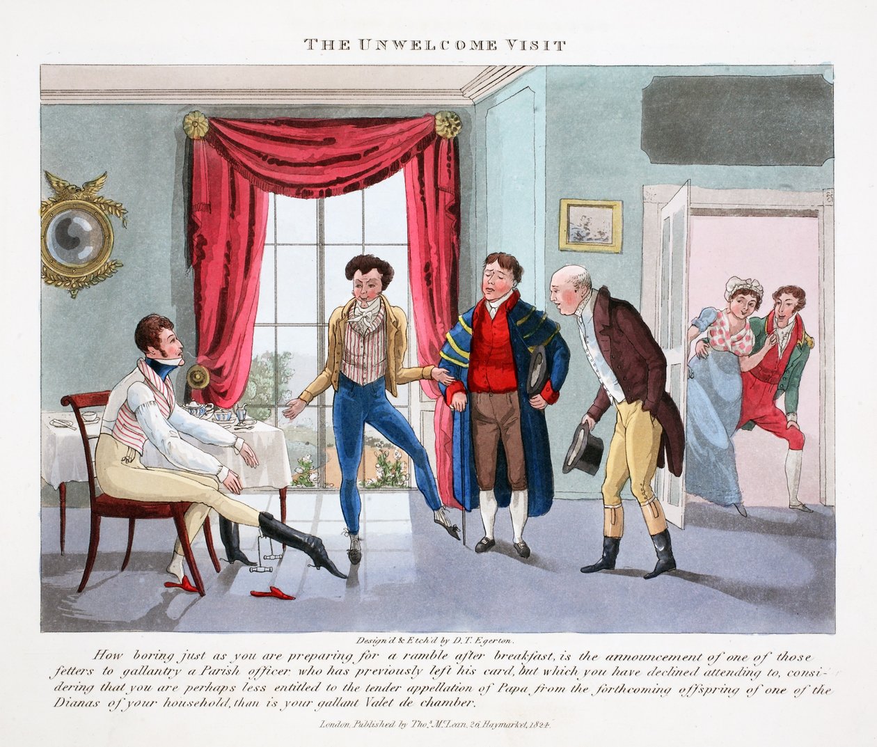 The Unwelcome Visit, kuva Peter Quizin julkaisusta Fashionable Bores or Coolers in High Life, pubi. Thomas McLean, Lontoo 1824 (käsinvärinen kaiverrus) tekijältä Daniel Thomas Egerton