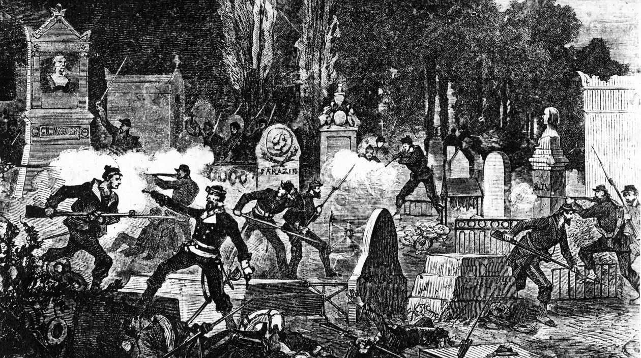 Pariisin kommuunin viimeinen taistelu Pere Lachaisen hautausmaalla, kaiverrus Louis Joseph Amedee Daudenarde, Le Monde Illustre, 1871 tekijältä Daniel Urrabieta Vierge
