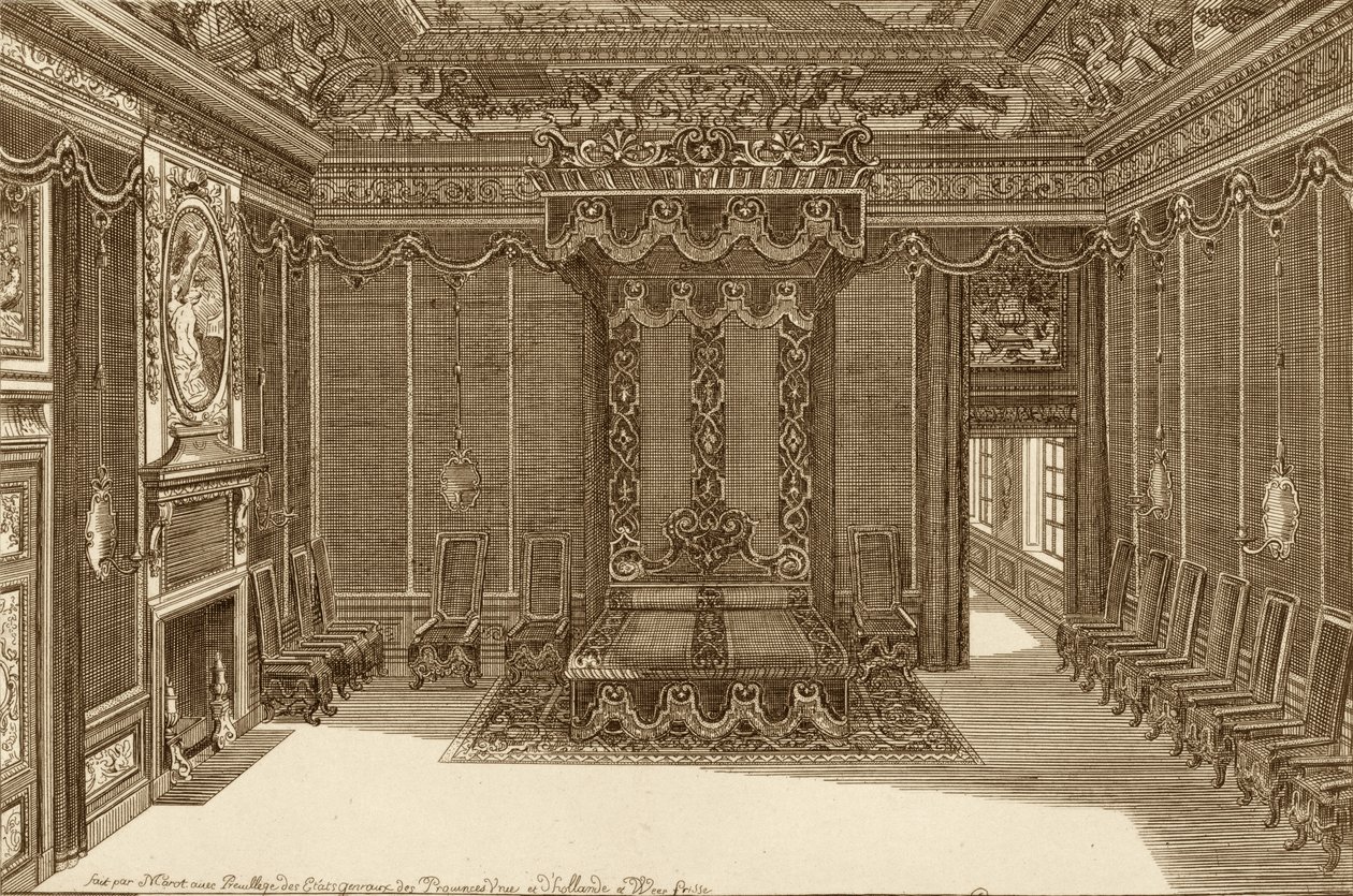 Suunnittelu makuuhuoneeseen, jossa on valtion sänky, New Book of Apartments, 1703 tekijältä Daniel the Elder Marot