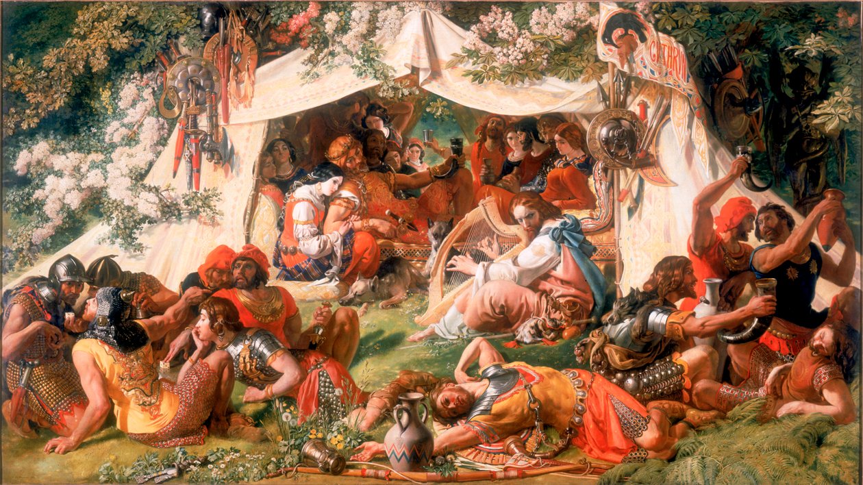 Alfred Saksin kuningas, naamioitunut Minstreliksi, tanskalaisen Guthrumin teltassa, n. 1852 (öljy kankaalle) tekijältä Daniel Maclise