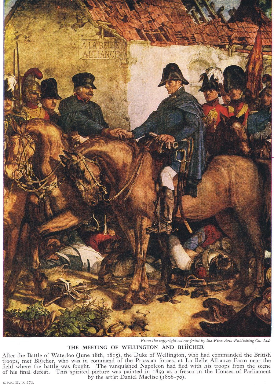 Wellingtonin ja Blucherin tapaaminen, noin 1940-luku (värilitho) tekijältä Daniel Maclise