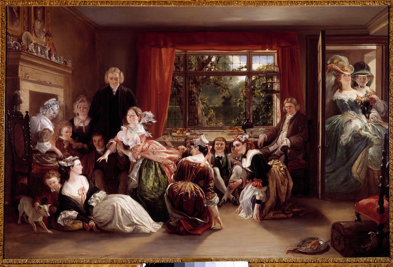 Tohvelinmetsästyksen peli Pelikohtaus englantilaisessa porvarillisessa sisustuksessa. Daniel Maclisen (1806-1870) maalaus 1800-luku Yksityinen kokoelma tekijältä Daniel Maclise