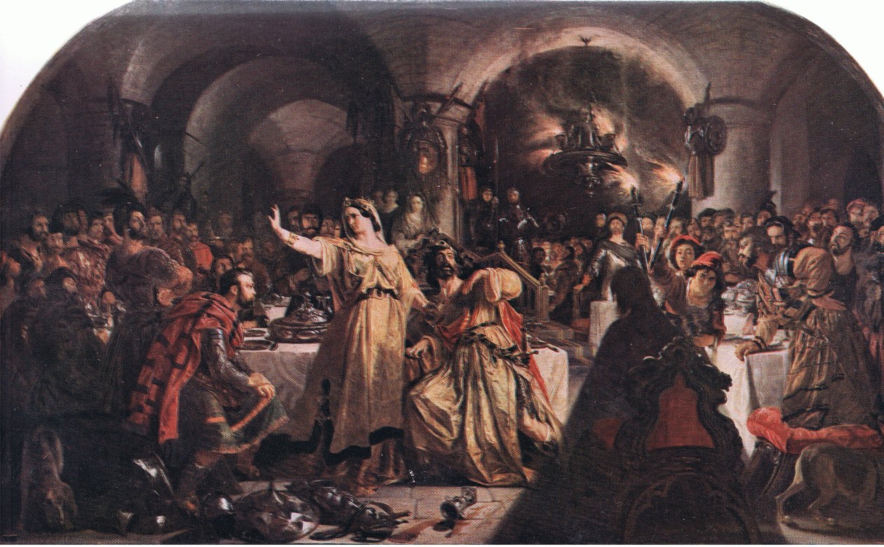 Banquon haamu (Macbeth) "Prithee, katso siellä! katso! Katso! Katso! Kuinka sanot?", The Complete Works of William Shakespearen pub.by J Coker & Co Ltd (väri litho) tekijältä Daniel Maclise