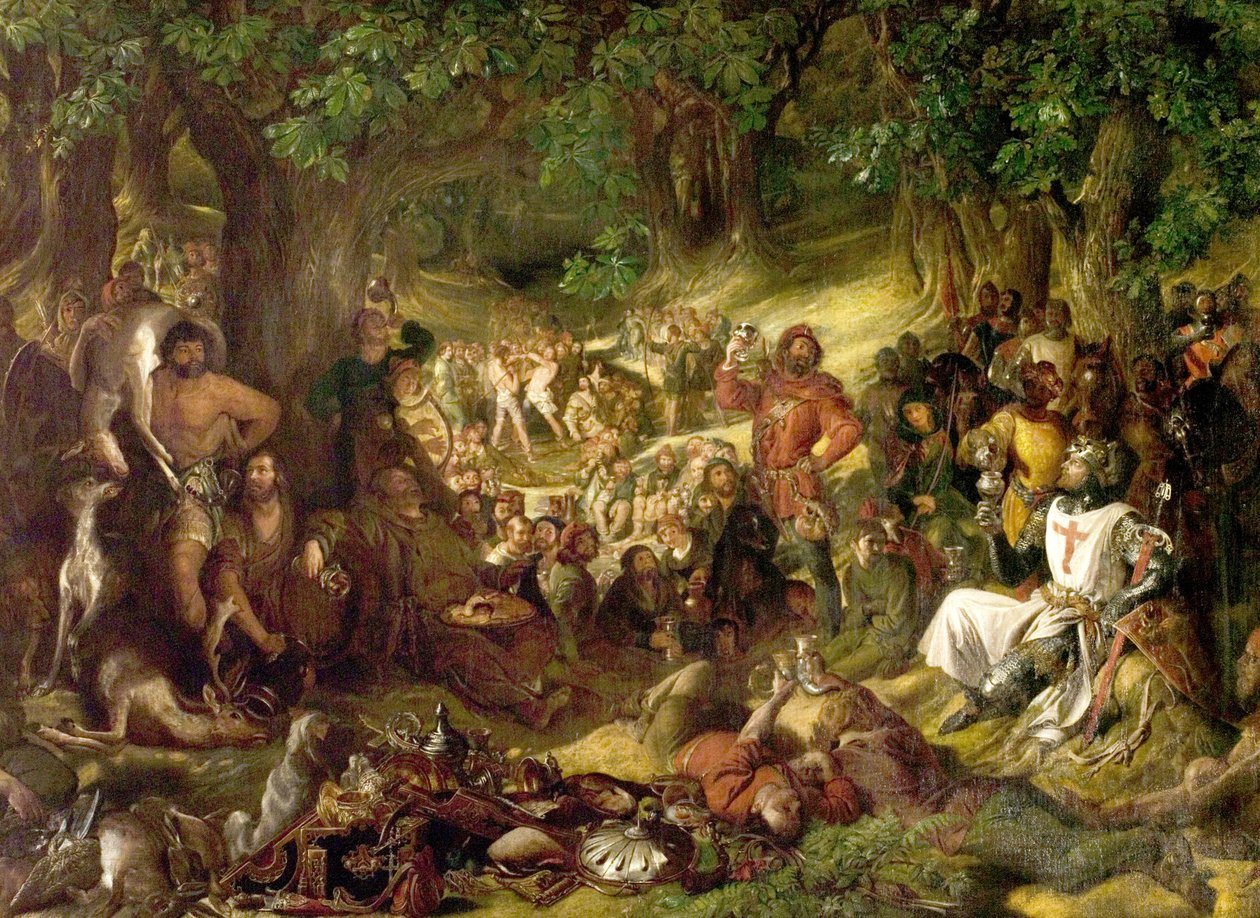 Robin Hood ja hänen iloiset miehensä viihdyttämässä Richard the Lionheartia Sherwood Forestissa tekijältä Daniel Maclise