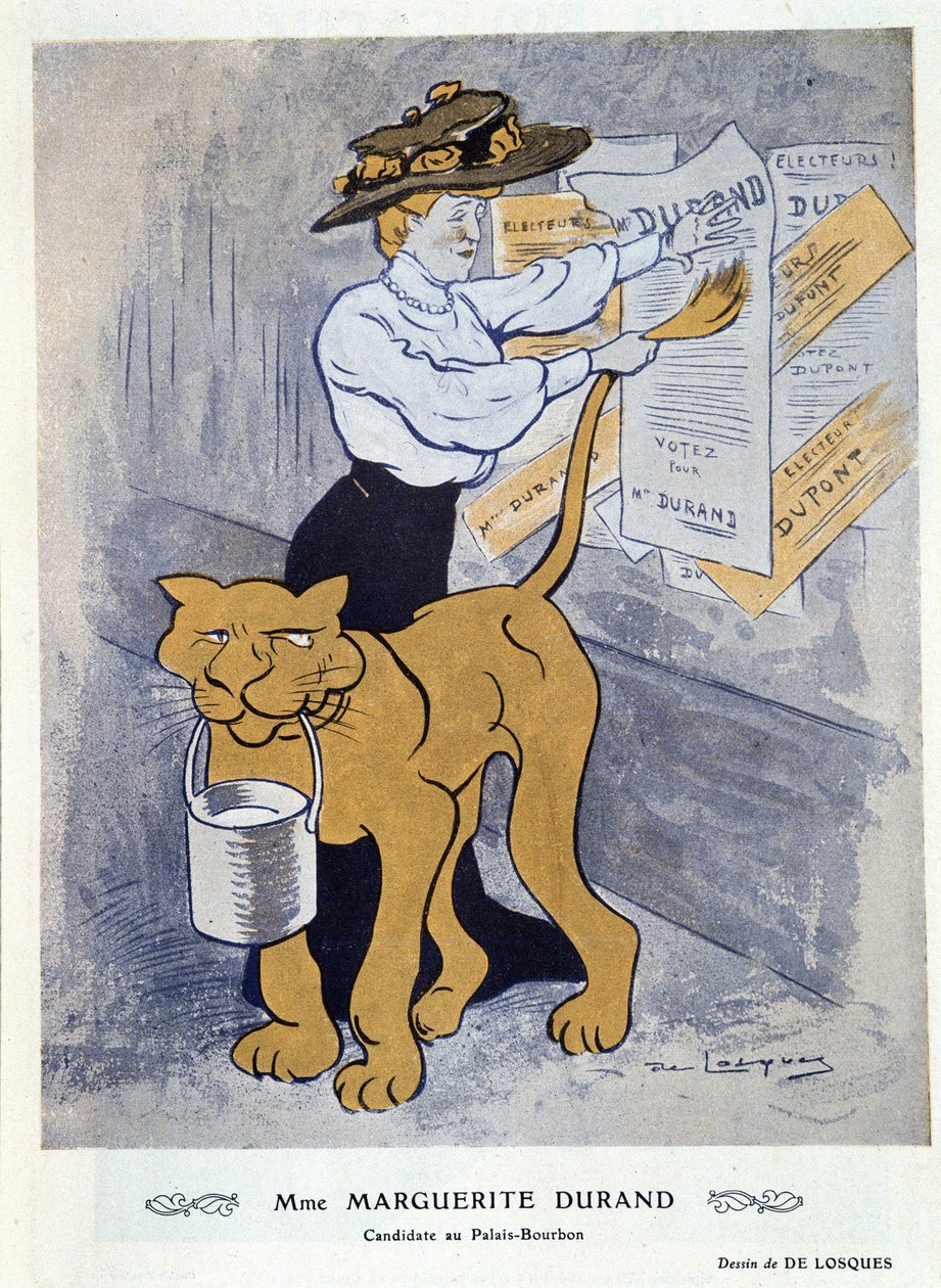 Marguerite Durand kiinnitti vaalijulisteitaan - kirjoittanut Daniel De Losques (Henri Casimir Paul Thouroude dit) (1880-1915), teoksessa "" Fantasio" 1.4.1910 tekijältä Daniel de Losques