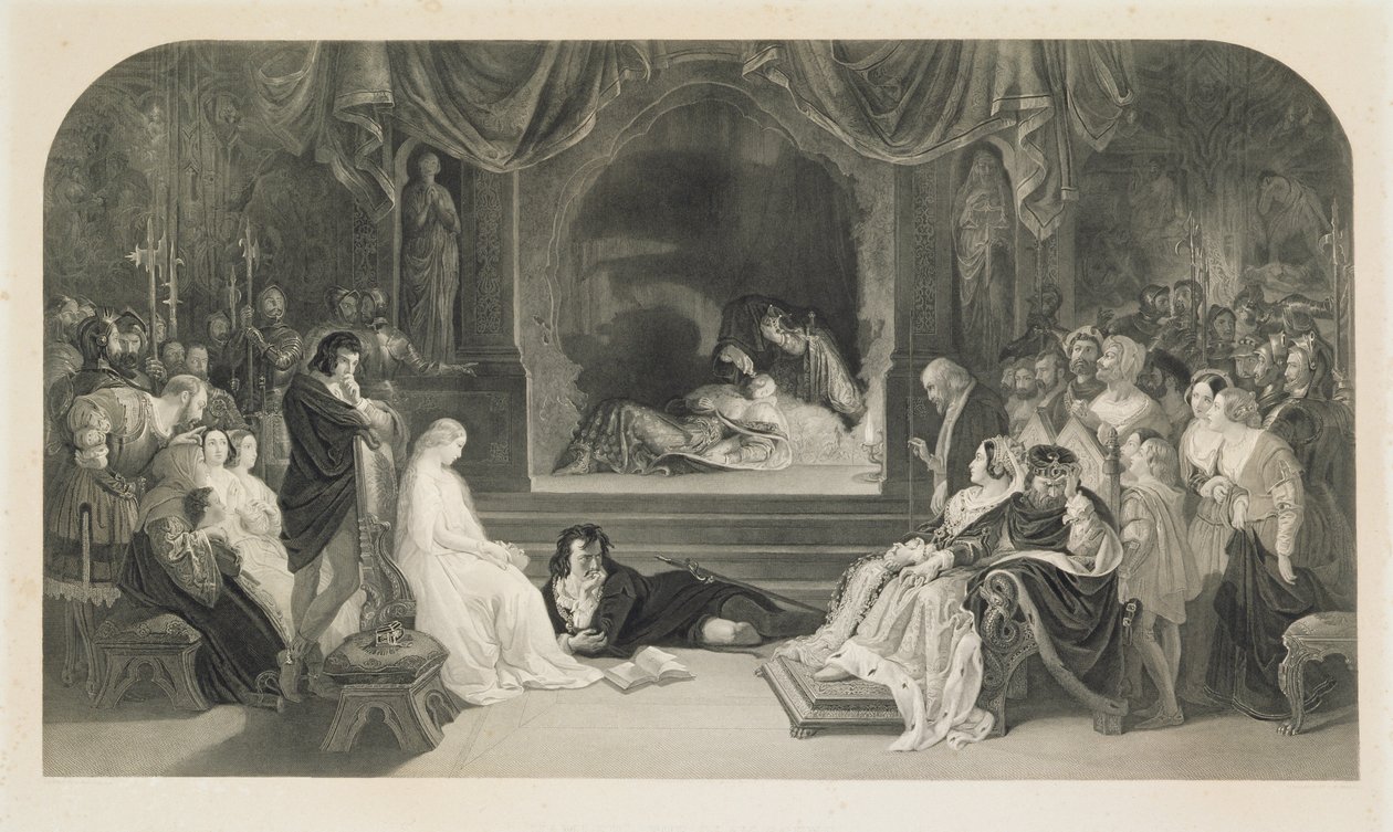 Näytelmäkohtaus, III näytös, William Shakespearen Hamletin II kohtaus, kaiverrus Charles W. Sharpe (litho) tekijältä Daniel (after) Maclise