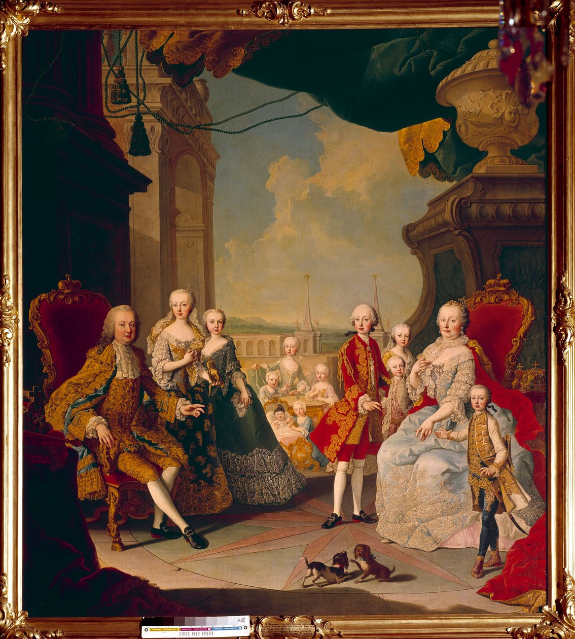 Pyhän valtakunnan Francois I (1708-1765) ja hänen vaimonsa vaikutuksen Marie Therese Iere (1717-1780) yhdentoista lapsensa kanssa Schonbrunnin (tai Schönbrunnin) linnan terassilla Tuleva kuningatar Marie Antoinette poseeraa keskellä edelleen vauva. Maali tekijältä Daniel (and Studio) (after) Mytens