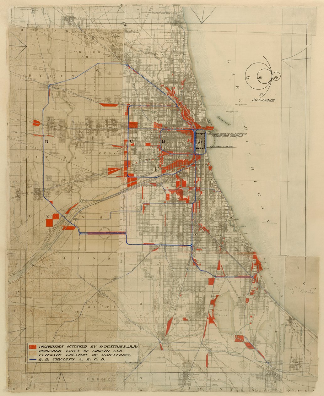 Chicagon suunnitelma, Chicago, Illinois, Railroad Circuits Diagram, 1909. tekijältä Daniel Burnham