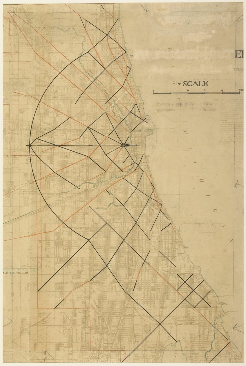 Làmina 91 de The Plan of Chicago, Chicago, Proposed Diagonal Arteries, 1909. finlandès tekijältä Daniel Burnham