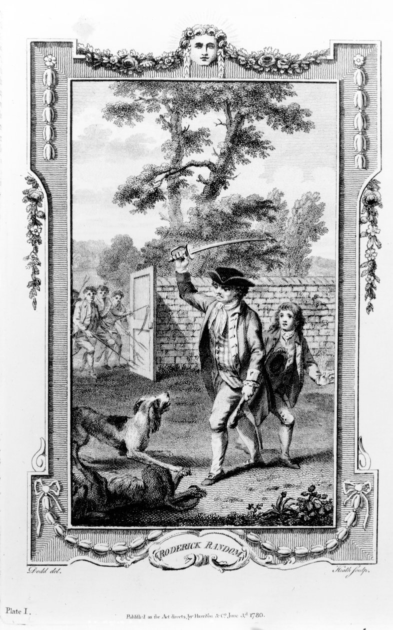Koirat hyökkäävät Roderick Randomin setä vastaan, kuvitus Tobias Smollettin teoksesta "Roderick Random", kaivertanut James Heath, 1780 tekijältä Daniel Dodd