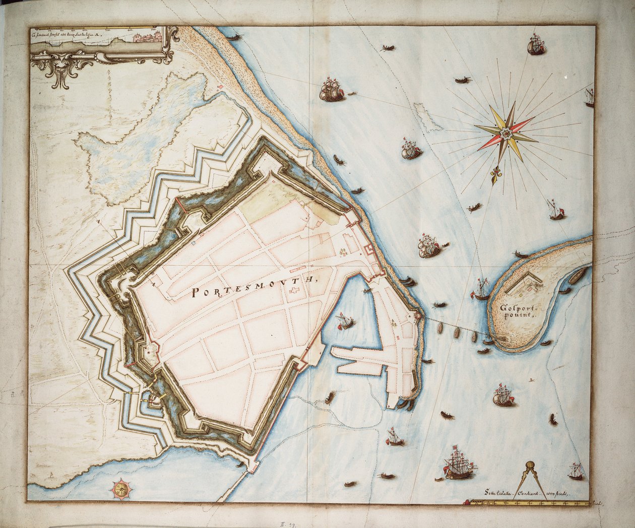 Portsmouthin kartta, noin 1668 (pellava, paperi). tekijältä Daniel Favreau de la Fabvolliere