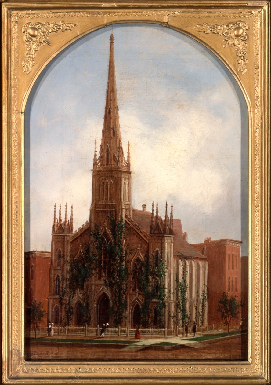 St. Paulin universalistinen kirkko ennen vuoden 1871 tulipaloa, noin 1872 tekijältä Daniel Folger Bigelow