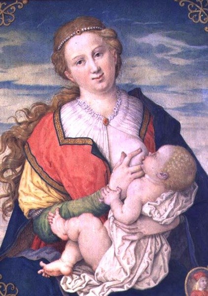 Neitsyt ja lapsi, 1600 Albrecht Durerin (1471-1528) piirustuksen mukaan (katso 70446) (wc pergamentilla paneelissa) tekijältä Daniel Froschl