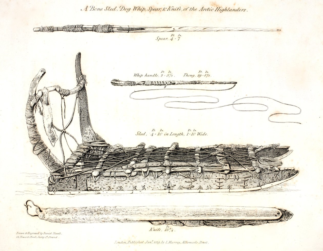 Arctic Highlandersin luureki, koiranpiiska, keihäs ja veitsi, kuvitus teoksesta "A Joyage of Discovery...", 1819 tekijältä Daniel Havell