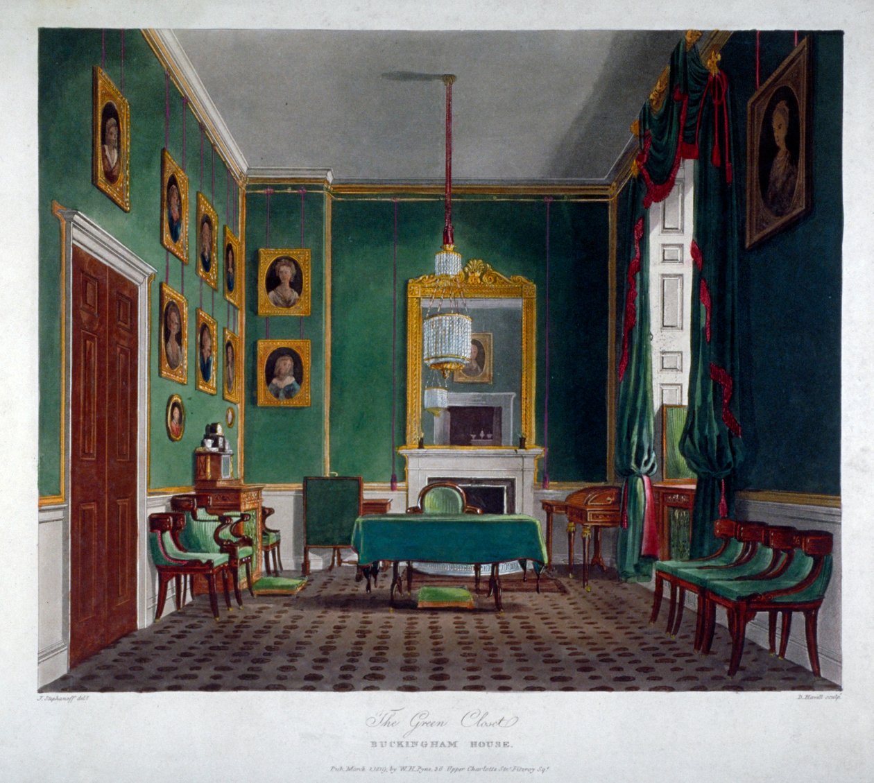 Sisäkuva vihreästä vaatehuoneesta Buckingham Housessa, Westminsterissä, Lontoossa, 1819 tekijältä Daniel Havell