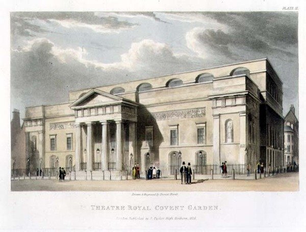 Theater Royal, Covent Garden, sa London, dinisenyo ni Robert Smirke noong 1809finn tekijältä Daniel Havell