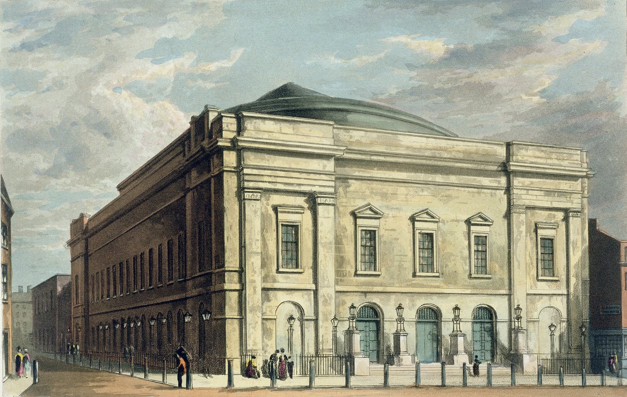 Theatre Royal, Drury Lane, Lontoo, suunnitellut Benjamin Wyatt vuonna 1812, 1826 tekijältä Daniel Havell