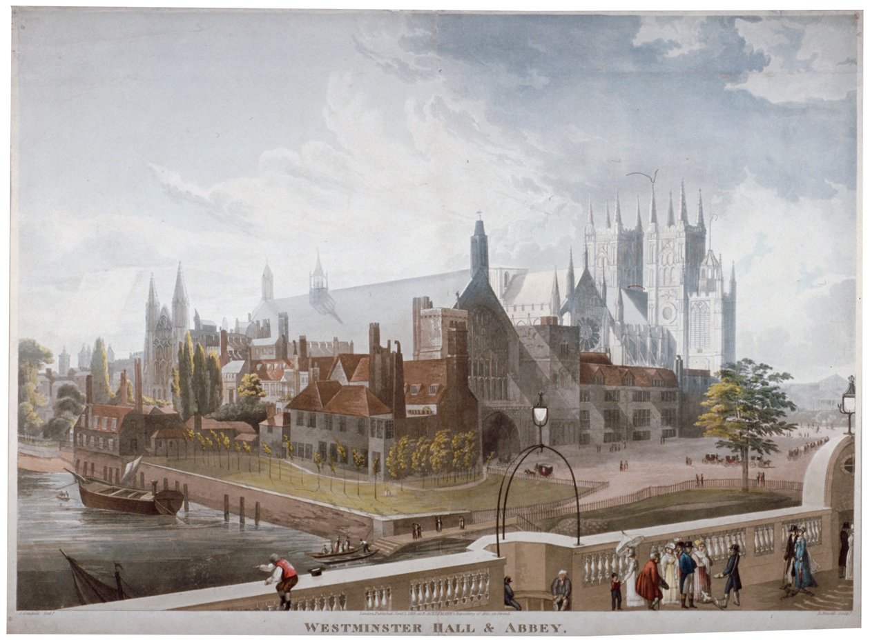 Näkymä Westminster Halliin ja Abbeyyn Westminster Bridgeltä, Lontoo, 1819. tekijältä Daniel Havell