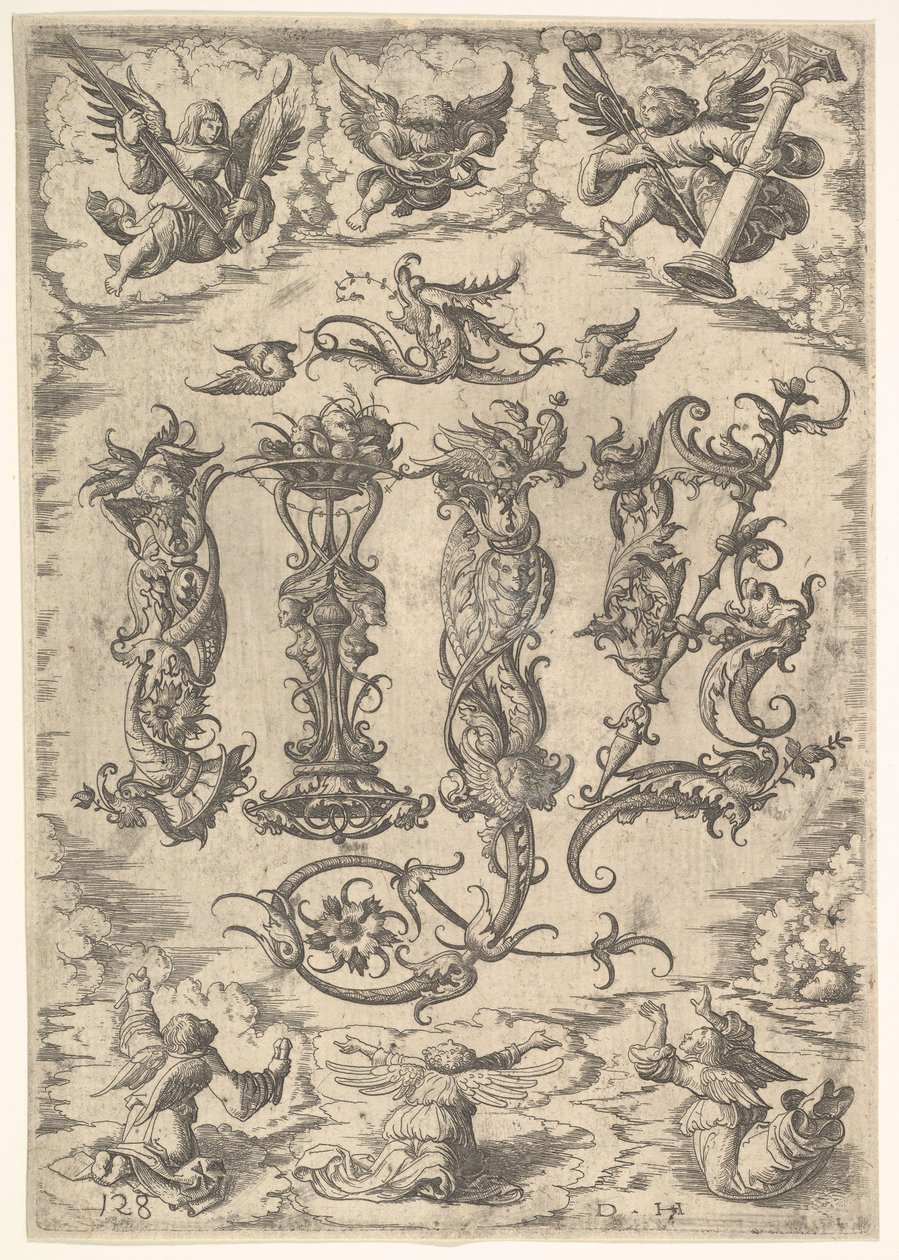 IHS-monogrammi kuuden enkelin ympäröimänä, n. 1485-1536. tekijältä Daniel Hopfer