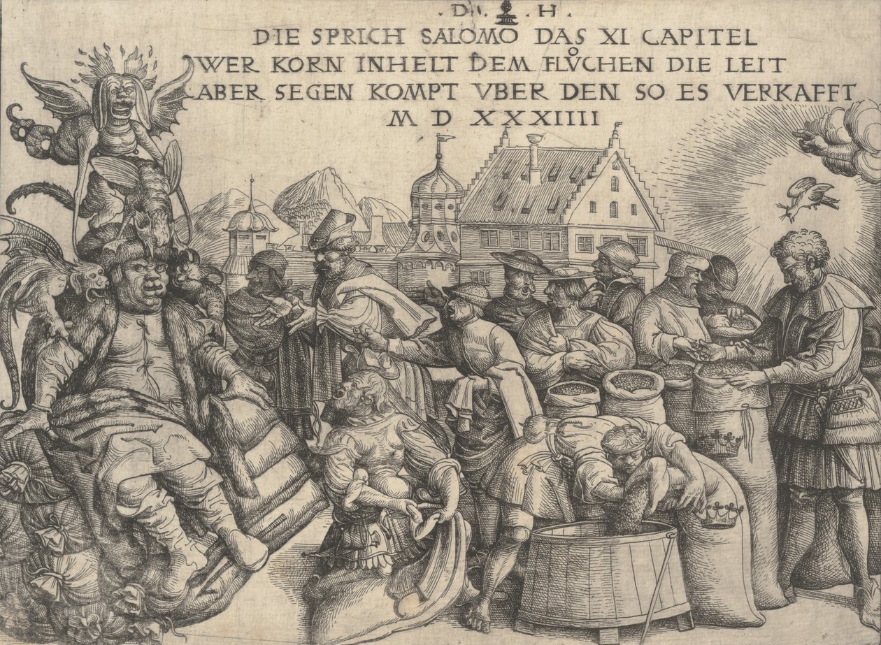 Kuvitus Sananlaskut 11:26, 1534. tekijältä Daniel Hopfer