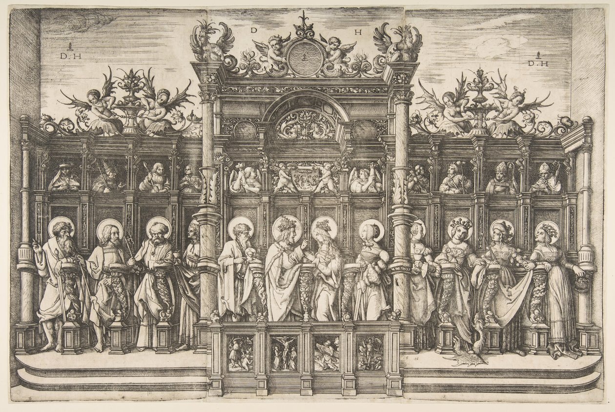 Suuri kuorotalo, jossa Kristus Siunaa Neitsyt, n. 1518-20. tekijältä Daniel Hopfer