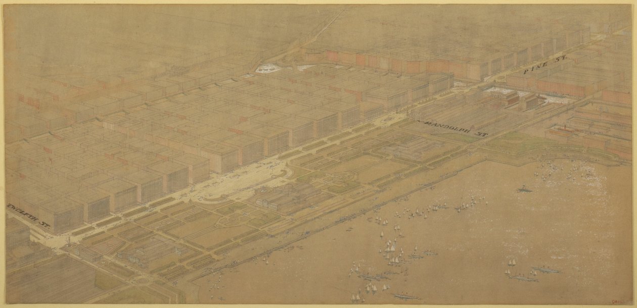 Kuvio 114 teoksesta The Plan of Chicago, 1909: Chicago. Ehdotettu bulevardi ja puistokatu Michigan Avenuen ja Pine Streetin varrella. tekijältä Daniel Hudson Burnham