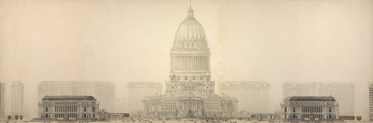 Taulu 131 teoksesta The Plan of Chicago, 1909: Chicago. Näkymä, jossa näkyy ehdotetun Civic Centerin muodostava rakennusryhmä. tekijältä Daniel Hudson Burnham