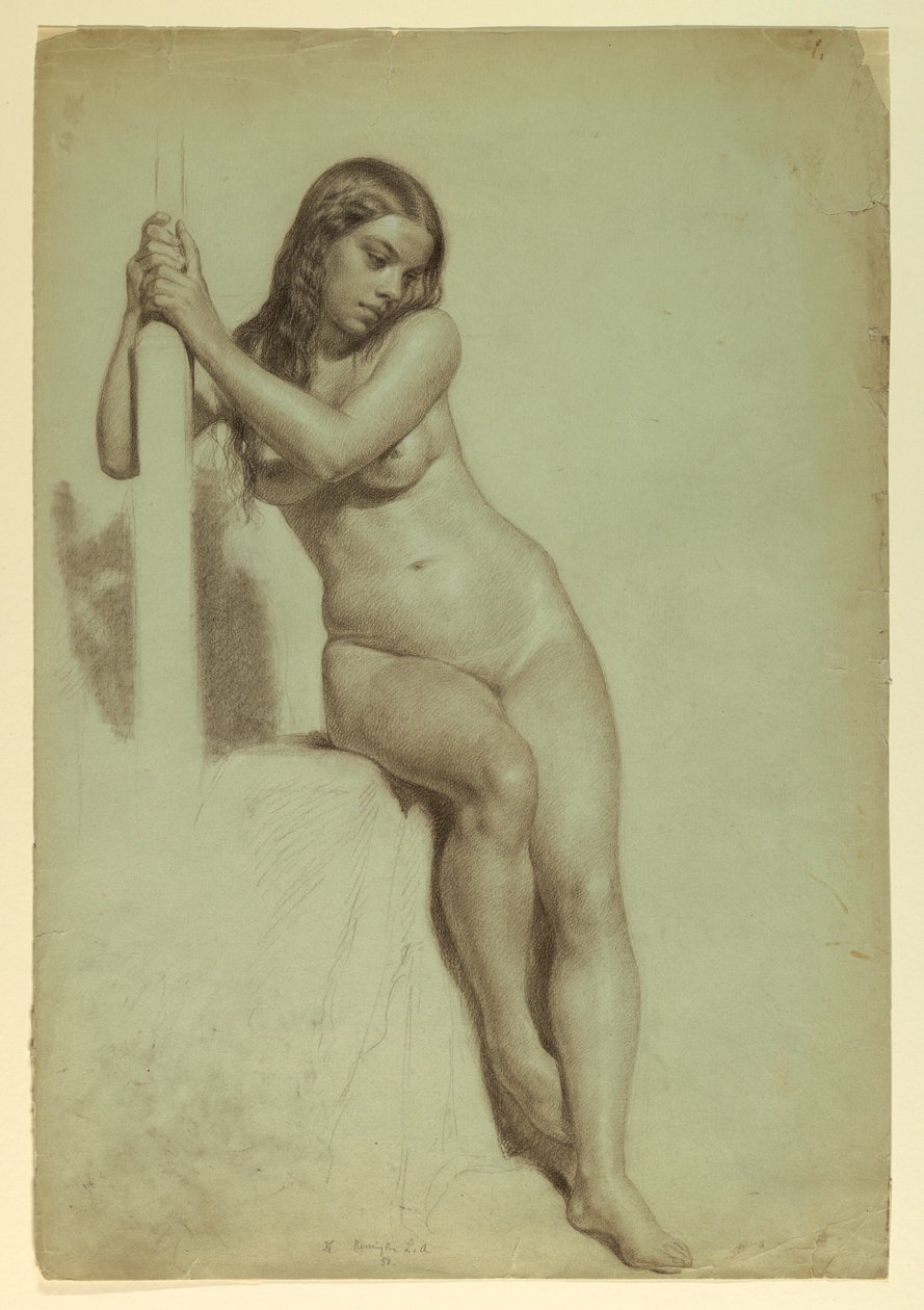 Piirros, Naisaktin istuminen jakkaralla, 1858 tekijältä Daniel Huntington