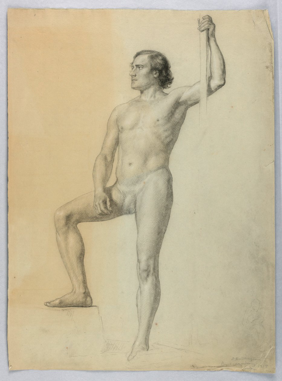 Piirros, Miesalaston toinen jalka askelman päällä, 1858 tekijältä Daniel Huntington